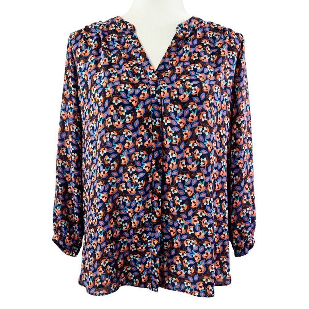NYDJ Multicolor Abstract Floral Split Neck Pintuck Blouse Colorful Artsy